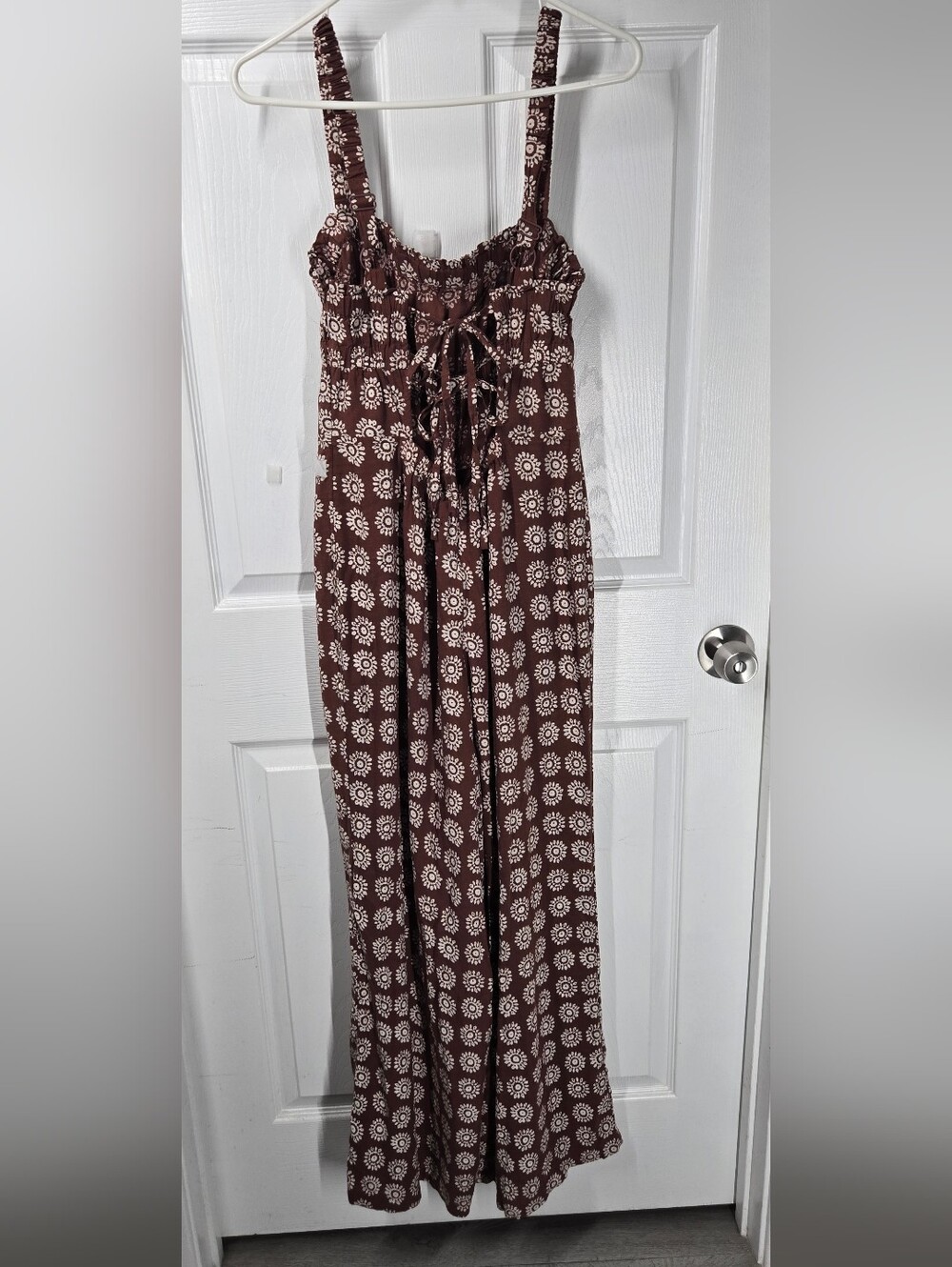 Ecote Urban Outfitters Floral Wide Leg Jumpsuit Size M Linen Blend Lace Back - Picture 9 of 13